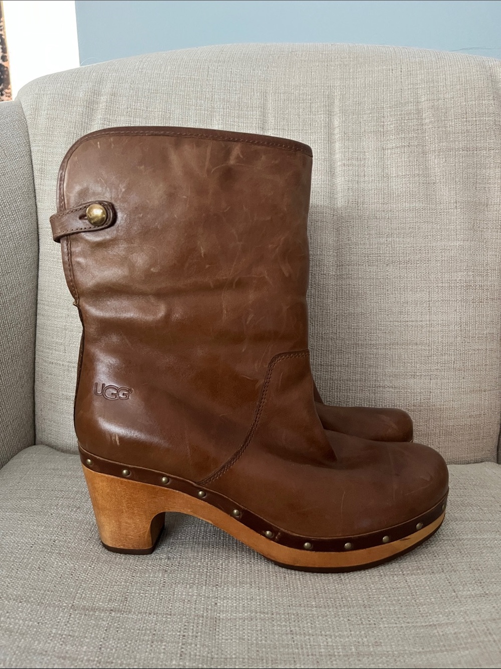 UGG Brown Leather Clog Heeled Boots - Picture 6 of 12